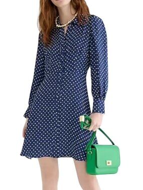 J.Crew Cupro Shirtdress Becklow Dot A-Line Polka Dot Navy Long Sleeve size 8